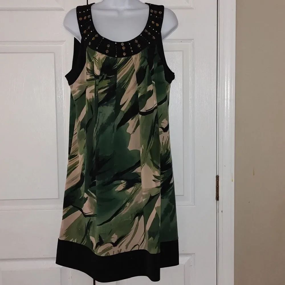 Signature by Robbie Bee sleeveless green black tan cruise party dress Sz 1X